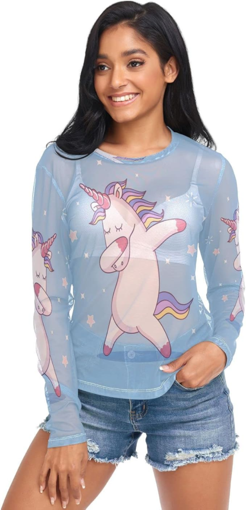 Un Unicornio Hermoso Mujer Mangas Largas Blusa Sexy Camiseta Transparente Mesh Tops T-Shirt Pullover