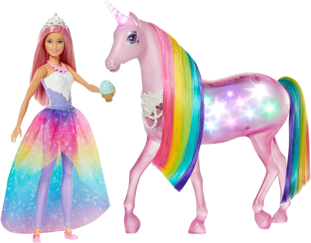 Barbie - Dreamptopia Muñeca con pelo rosa y su unicornio luces mágicas (Mattel GWM78),Embalaje sostenible